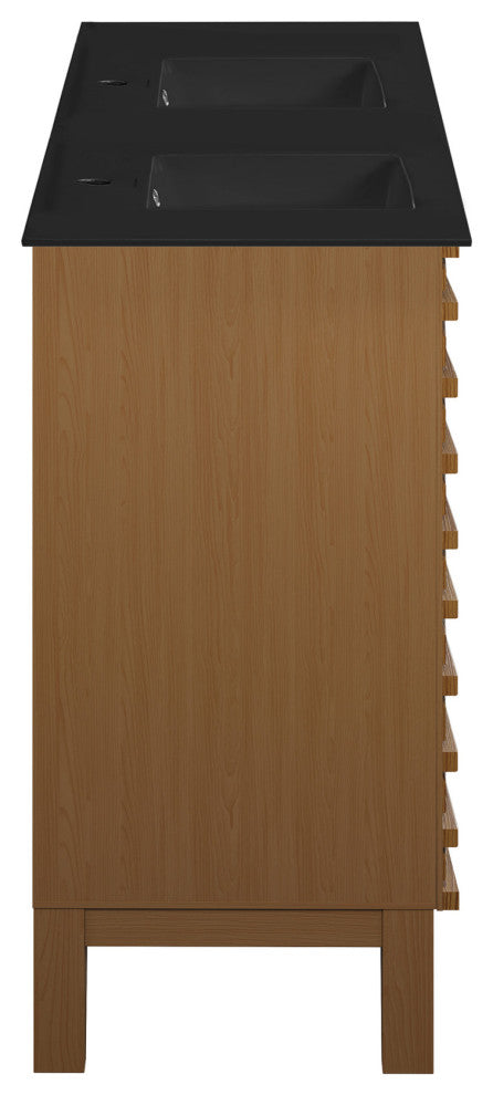 Cascade 48" Brown Oak, Double Basin Bathroom Vanity With Black Sink Top