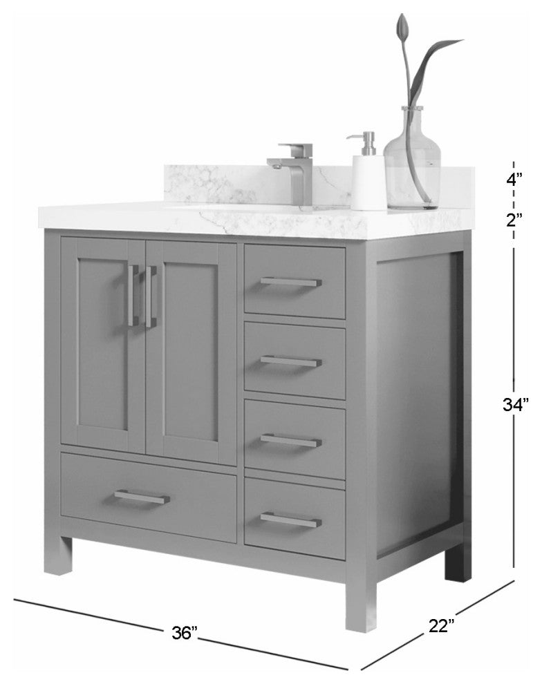 Malibu 36 Center Sink Bath Vanity in Elephant Skin Gray 2" Calacatta Poanazzo