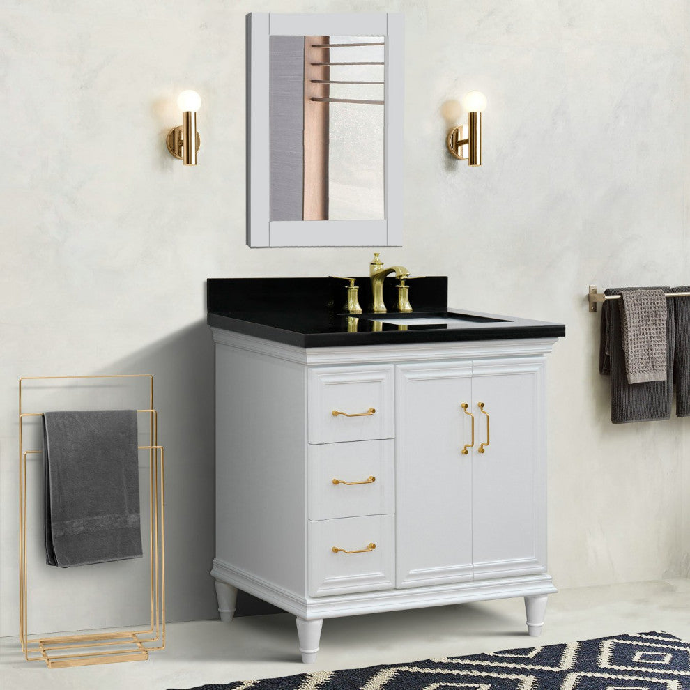 37" Single Vanity, White Finish With Black Galaxy