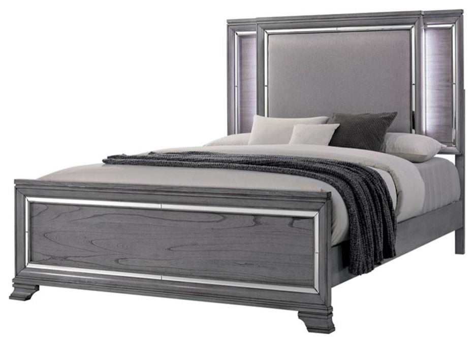 Furniture of America Hariston Wood Queen Bed with LED Lights in Light Gray