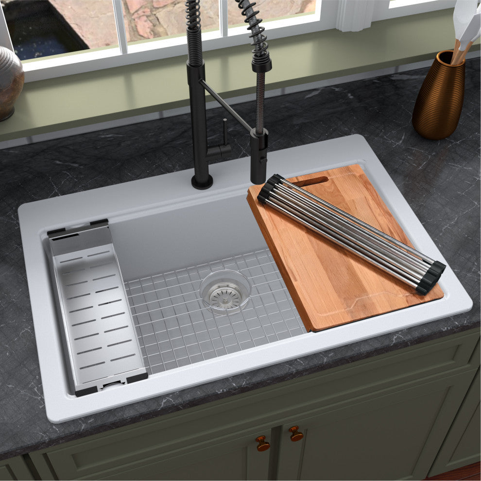 Karran Top Mount 33" Single Bowl Quartz Workstation Kitchen Sink, White