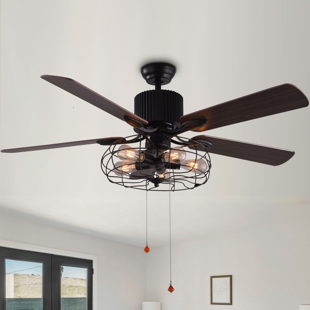 Vintage Farmhouse Industrial 5-Light Black Cage Ceiling Fan, Pull Chain, 52"