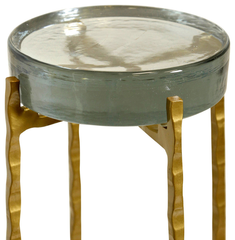Jolly Rancher Disk Top Drink Table With Gold Metal Base, Clear Opaque