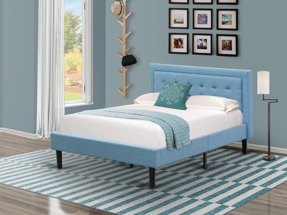 Platform Full Bed Frame Denim Blue Upholestered Bed Headboard,Black Legs