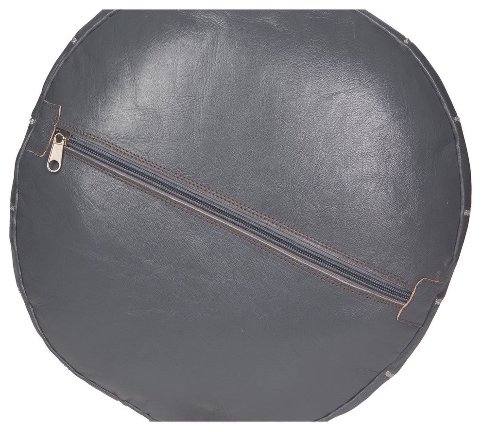 Gray Moroccan Leather Pouf, White Stitching, Unstuffed