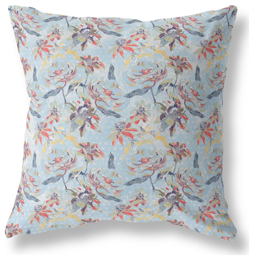 26" Sky Blue Red Roses Indoor Outdoor Throw Pillow