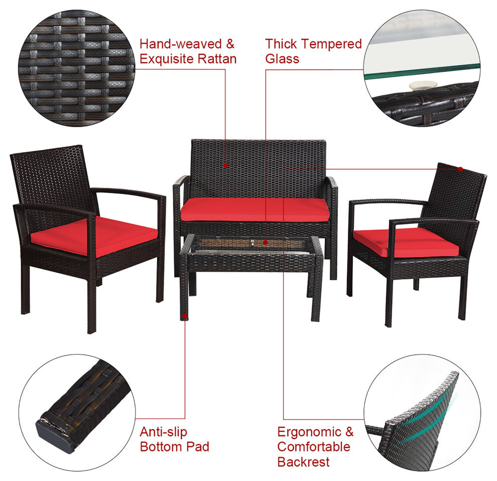 Costway 4PCS Patio Rattan Furniture Set Cushioned Loveseat Armrest Red