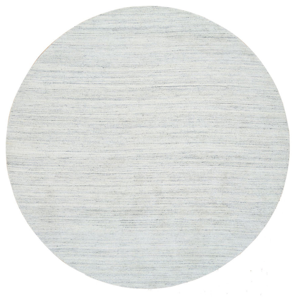 Ivory Plain Modern Striped Design Pure Wool Hand Loomed Round Rug, 11'10"x11'10"
