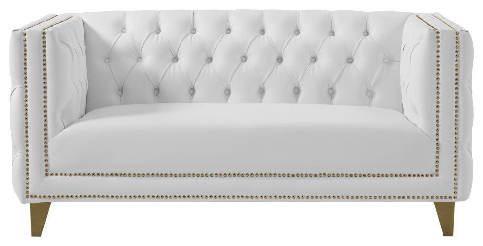 Michelle Fabric Upholstered Chair, Gold Iron Legs, White, Vegan Leather, Loveseat