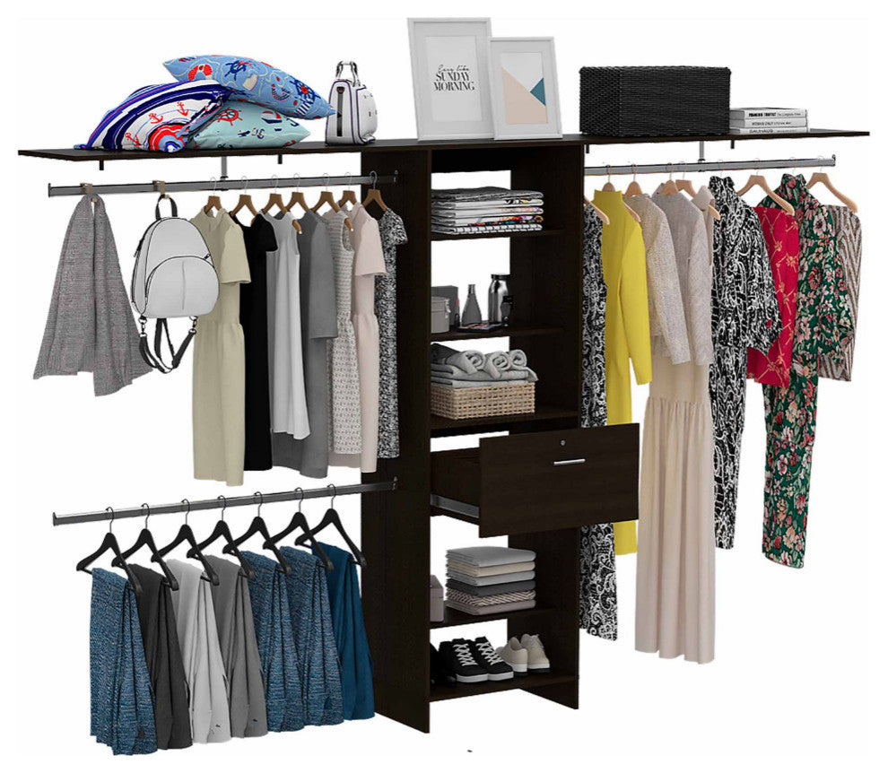 Broncos Closet with 3 Rods, 5 Shelves, and Drawer, Dark Walnut