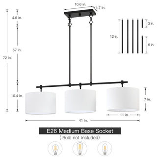 41'' W 3-Light Black Kitchen Island Chandelier With White Drum Shades