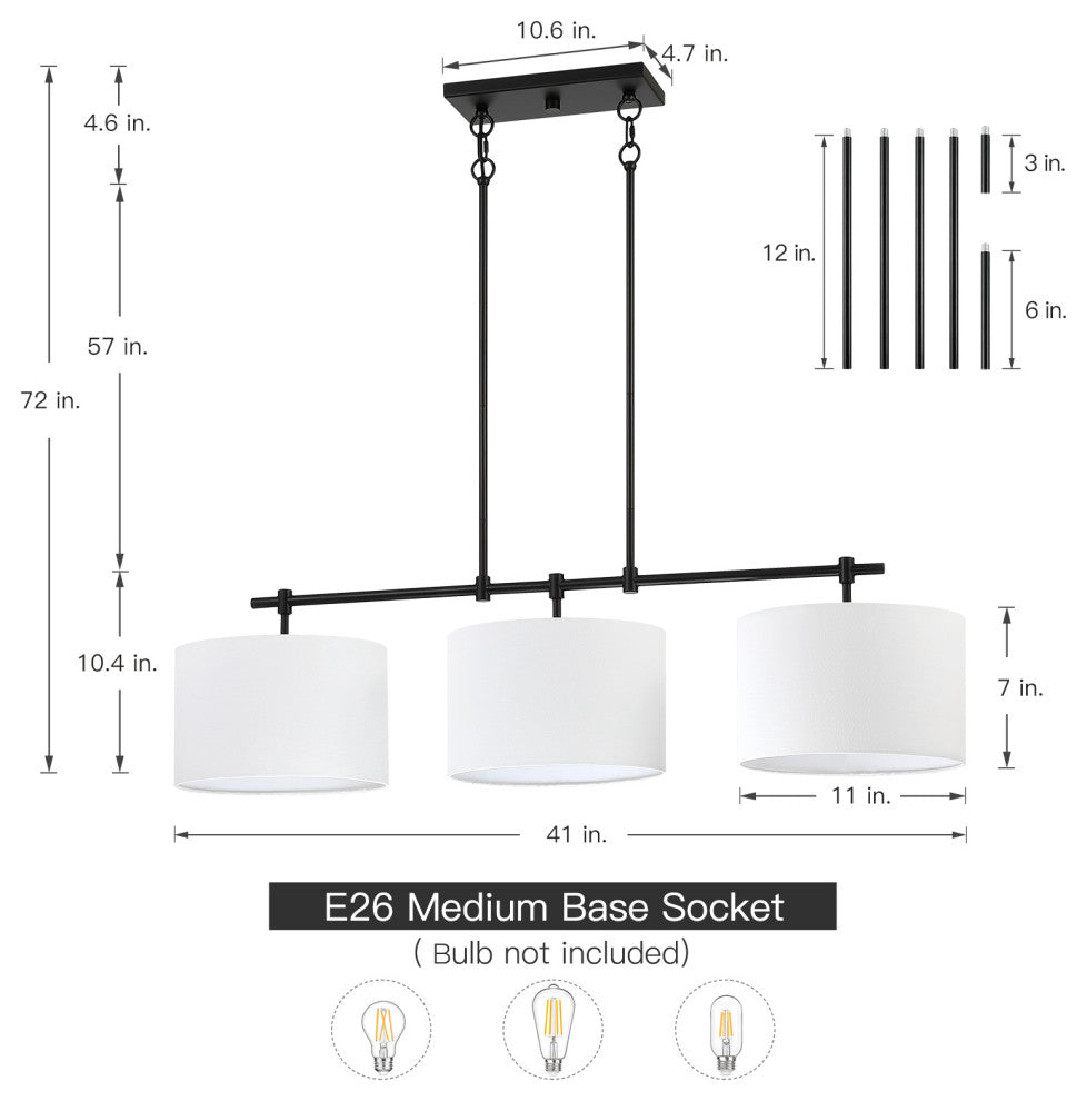 41'' W 3-Light Black Kitchen Island Chandelier With White Drum Shades