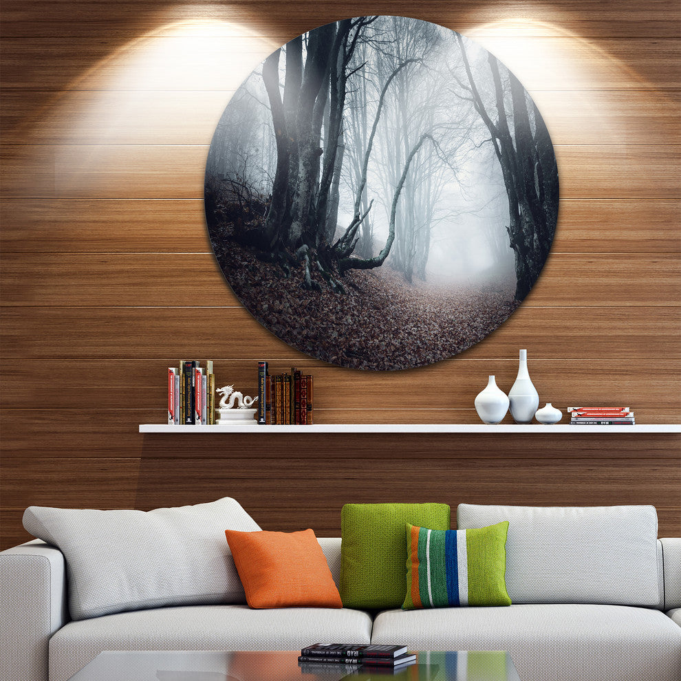 Mysterious Fairytale Foggy Wood, Landscape Round Metal Wall Art, 11"