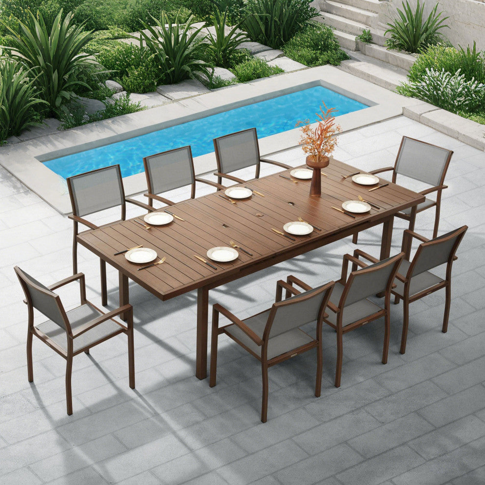HIGOLD Carlo 8+1 Pieces Extendable Aluminum Outdoor Dining Set, Wood Color