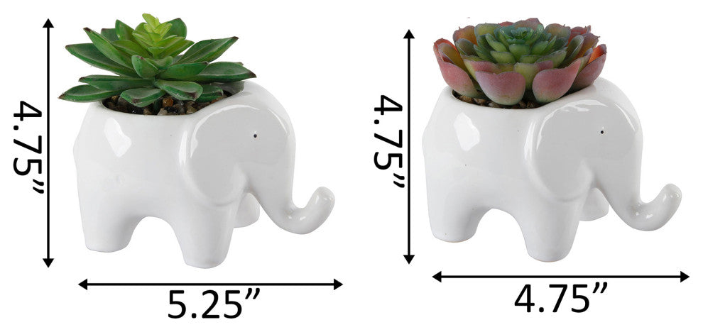 Set Of 2 Ceramic Elephant Pot With Faux Succulent  5"