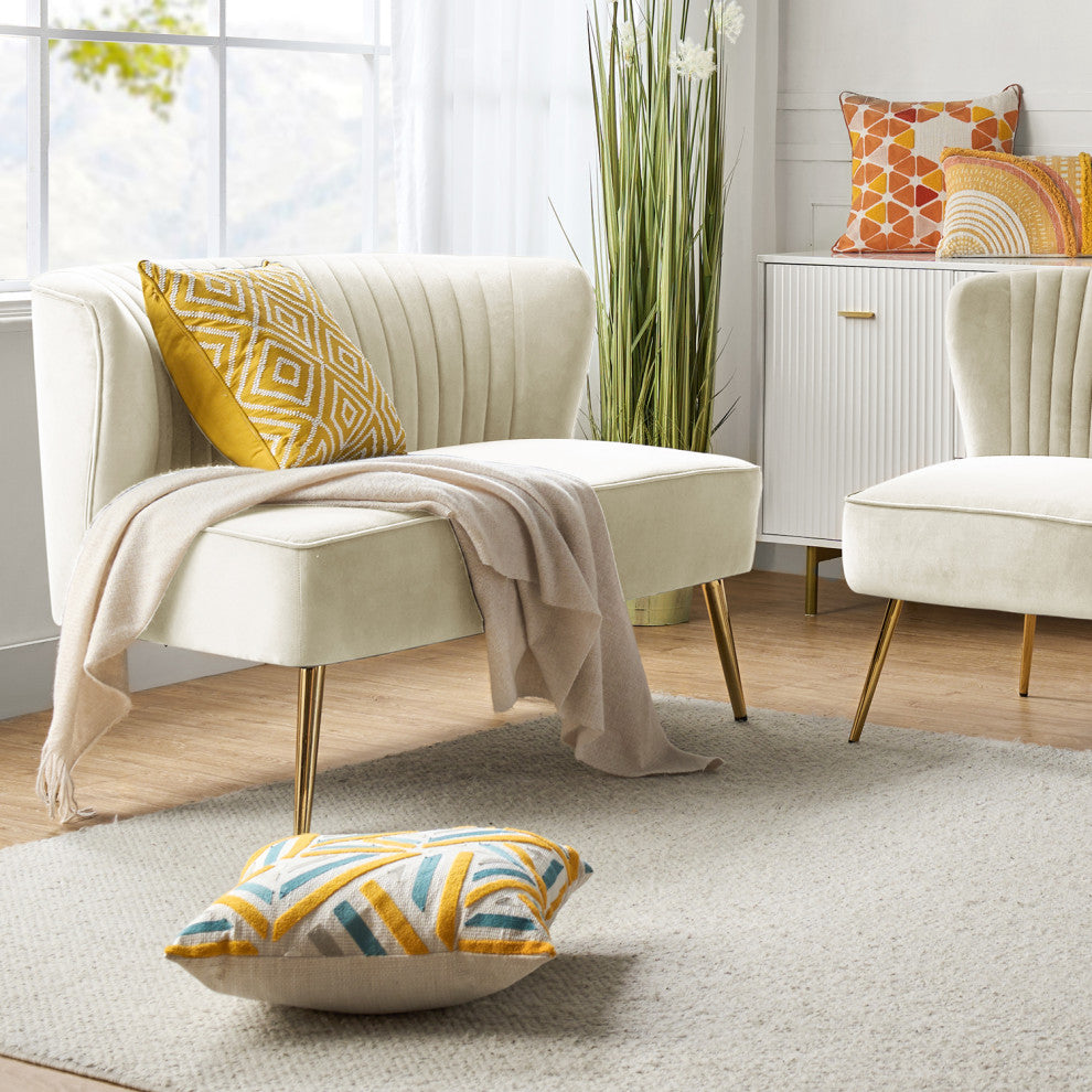 Velvet Tufted Loveseat Sofa With Golden Base, Ivory