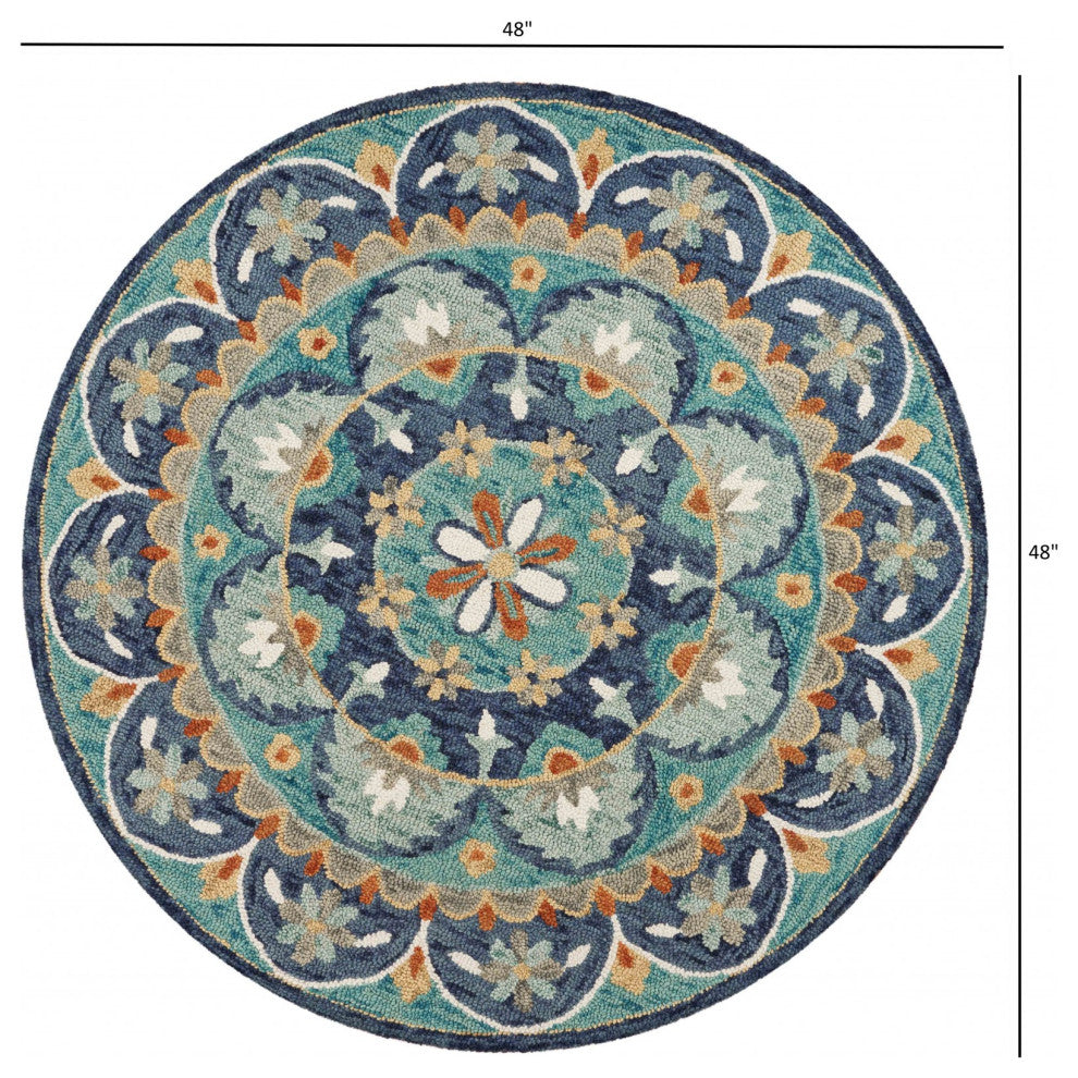 4' Round Blue Floral Mandala Area Rug