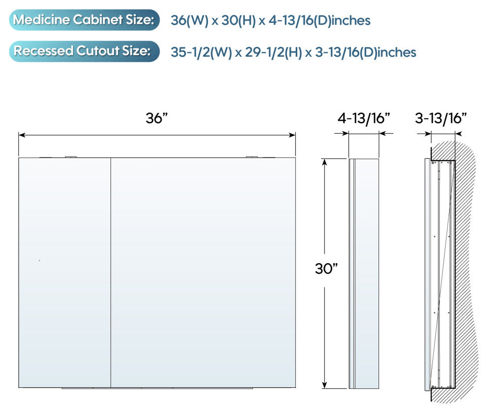 Recessed/Surface Mount Bathroom Medicine Cabinet, Reverse Installation, 36"x30"