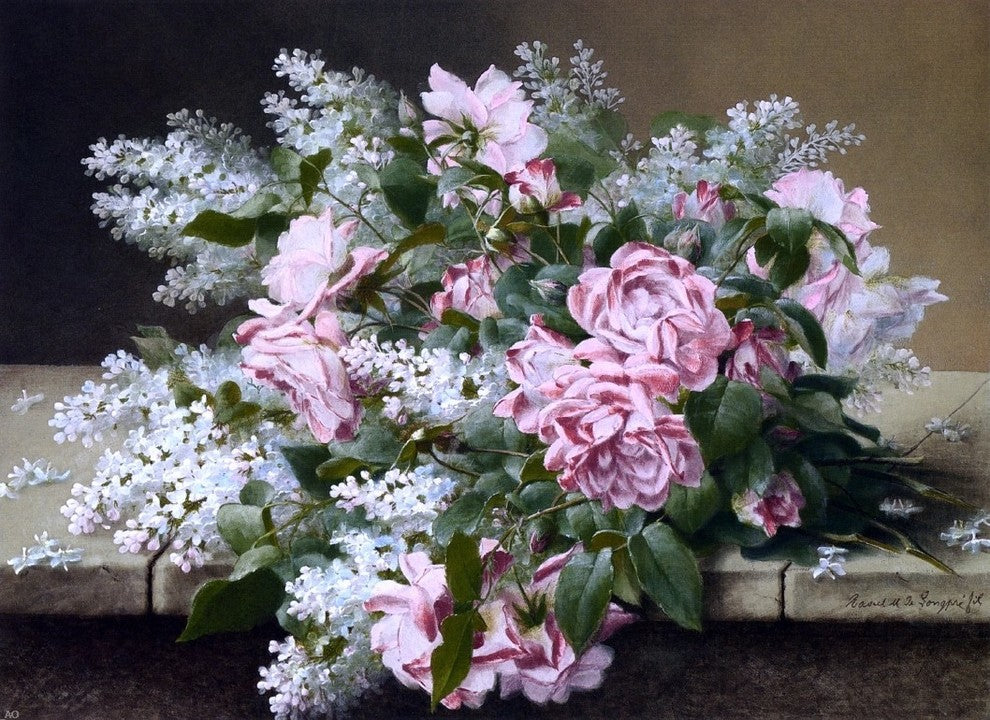 Raoul Paul Maucherat De Longpre Roses on a Marble Tabletop Wall Decal