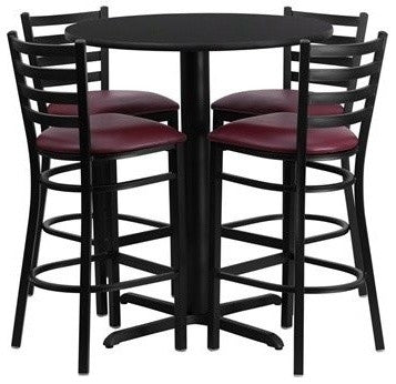 30'' Round Black Laminate Table, 4 Ladder Back Metal Barstools-Burgundy Seat