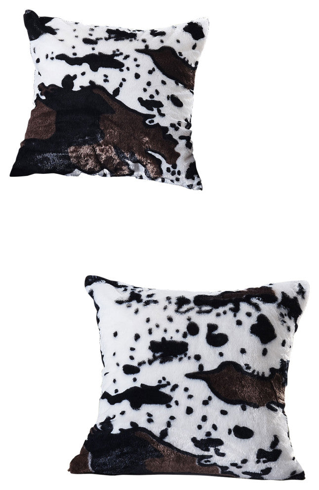 Cow Printed Faux Fur Pillow Shell 2 Piece Set, Black / White