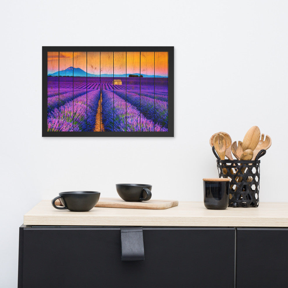 Faux Wood Lavender Fields and Sunset Landscape Framed Photo Paper Wall Art Print, Black, 12" X 18"