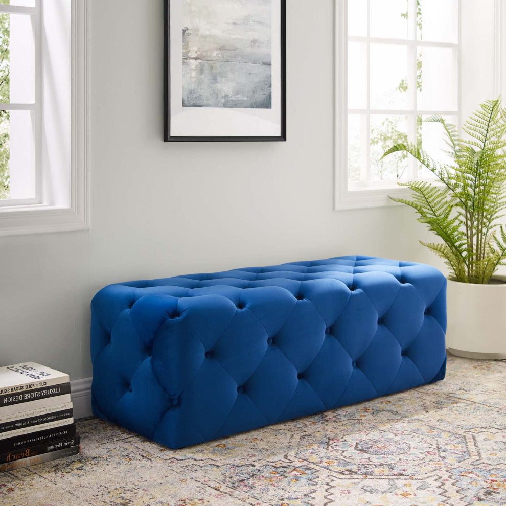 Tufted Accent Chair Bench, Velvet, Blue Navy, Modern, Living Lounge Hospitality