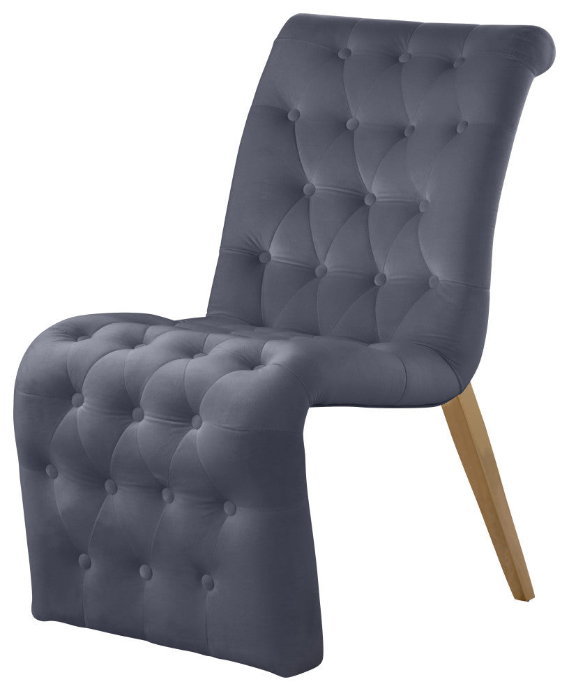 Curve Button Tufted, Fabric Upholstered Dining Chair, Set of 2, Gray Velvet