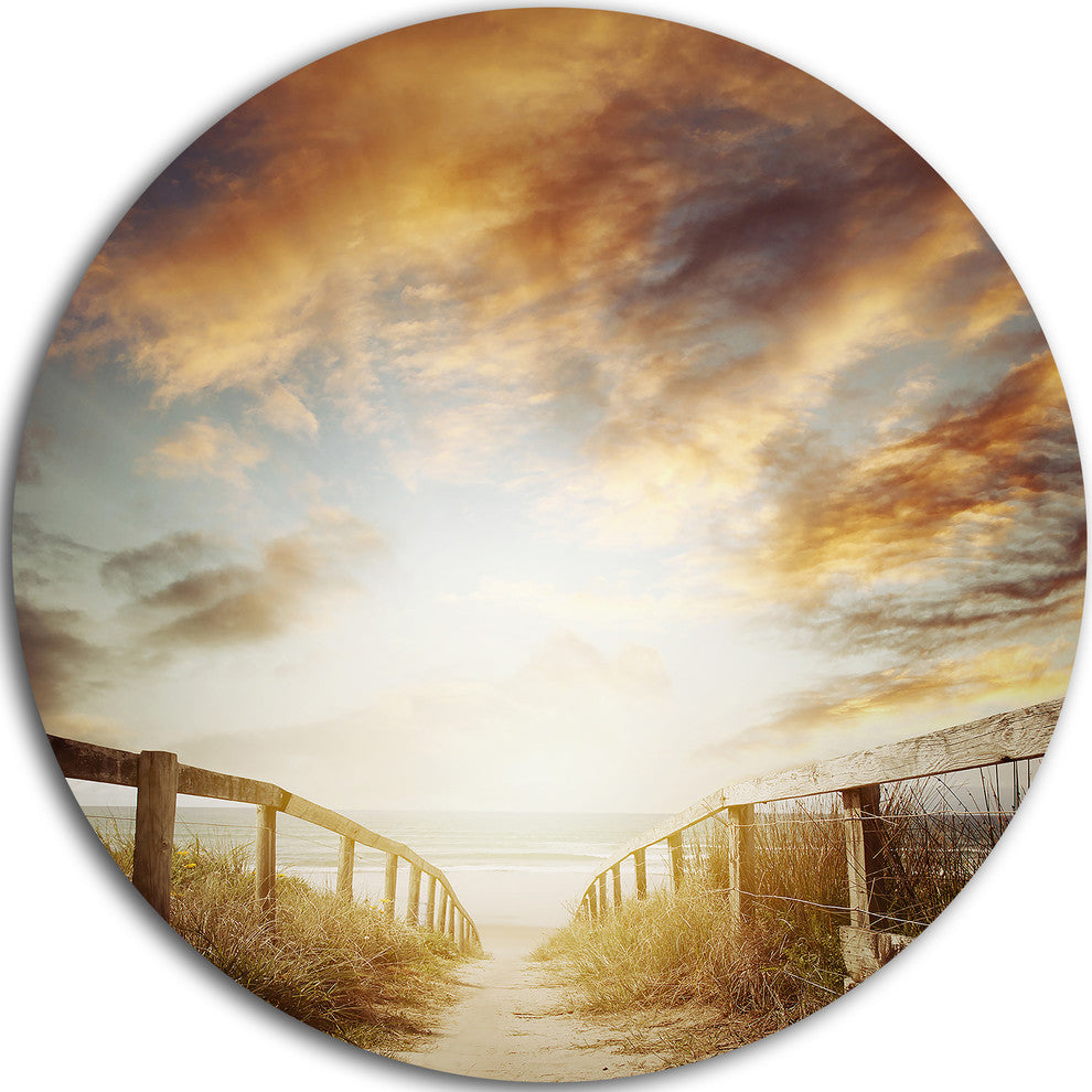 Walkway Leading To Beach Scene, Sea Bridge Disc Metal Artwork, 23"