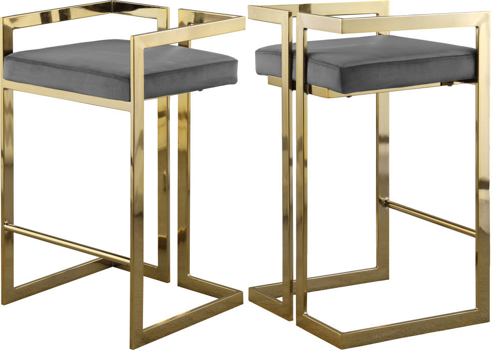 Ezra Counter Stool, Set of 2, Gray Velvet, Gold Base