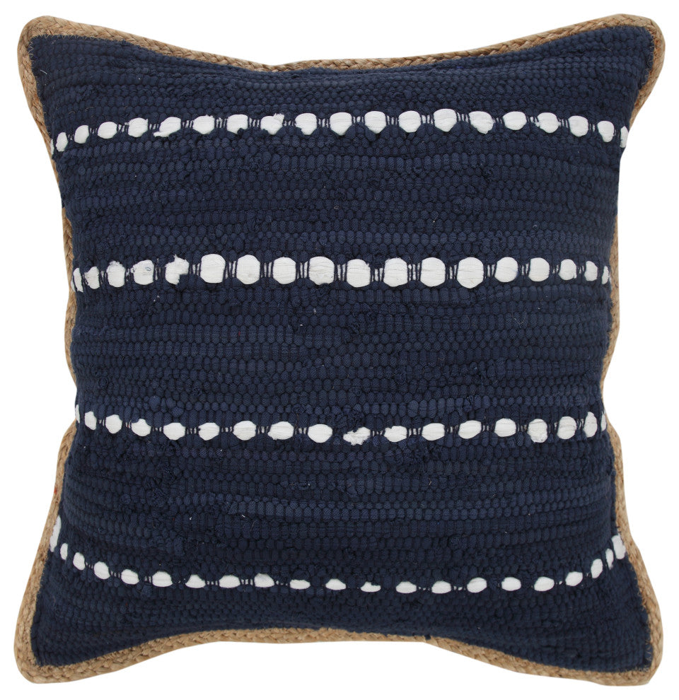 Navy Blue and White Striped Jute Bordered Throw Pillow