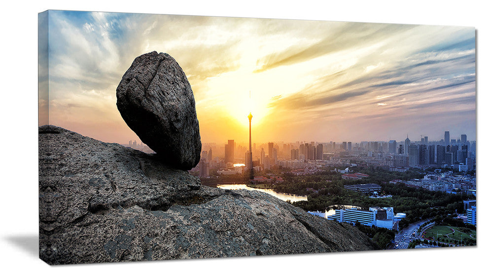 "Buildings And Crag On Rock Panorama" Landscape Wall Wall Art, 32"x16"