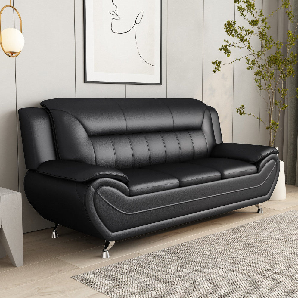 Modern Minimalist Sofa, Bonded Leather Seat With Padded Pillowed Arms, Black