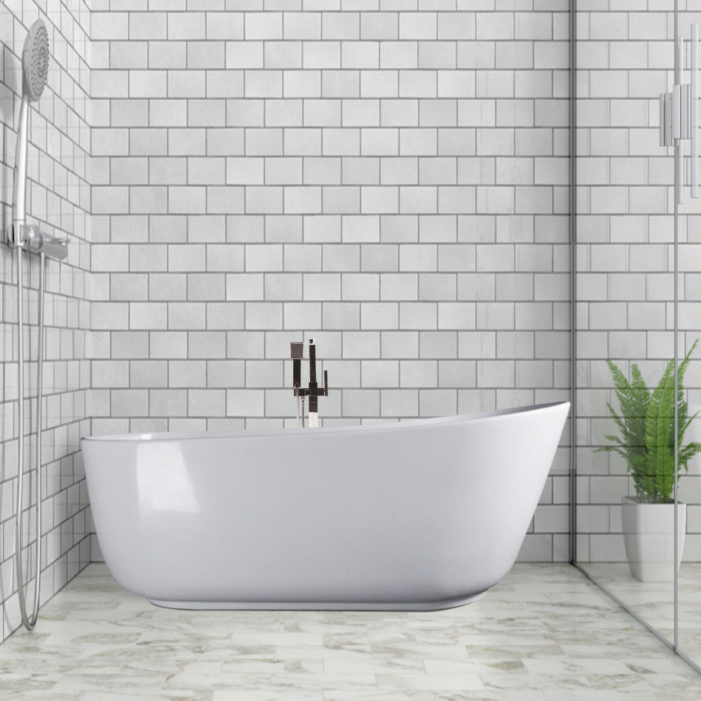 Vanity Art Solid Surface Resin Stone Freestanding Bathtub, Glossy White, 59"x29.5"