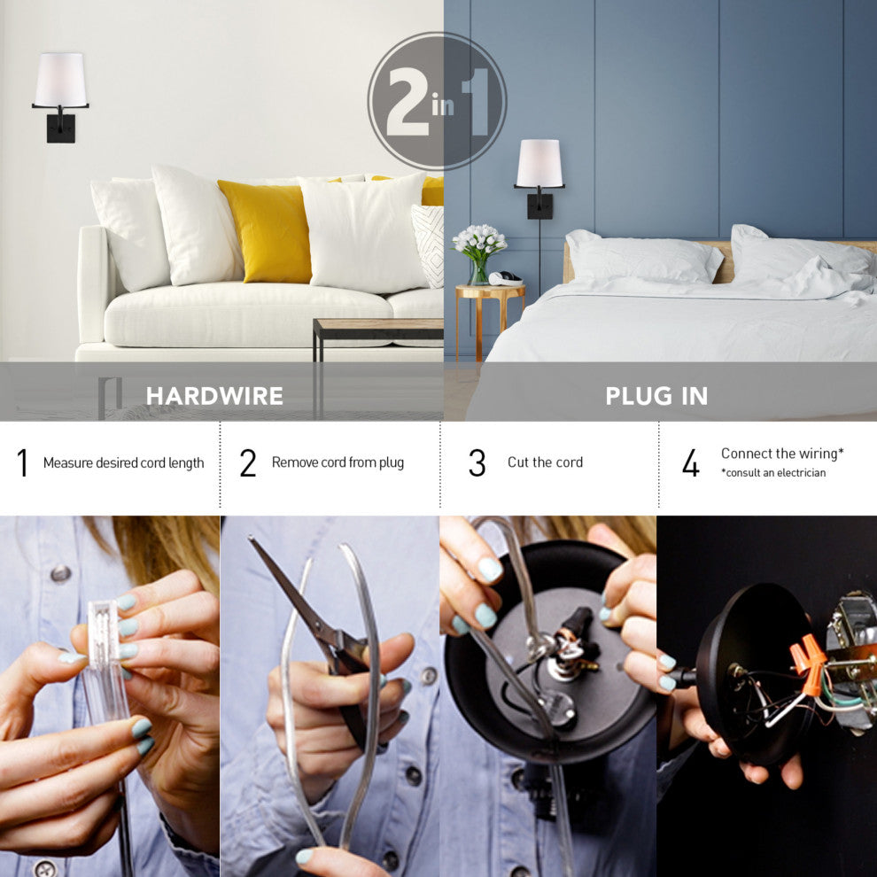 Valerie Dark Bronze Plug-In or Hardwire Wall Sconce With White Fabric Shade