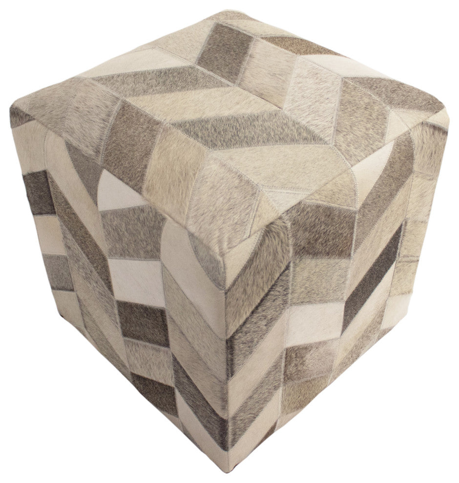 Decor Maisonette 100% Handmade Geometric Cowhide Ottoman Pouf Ashton - Gray -18"