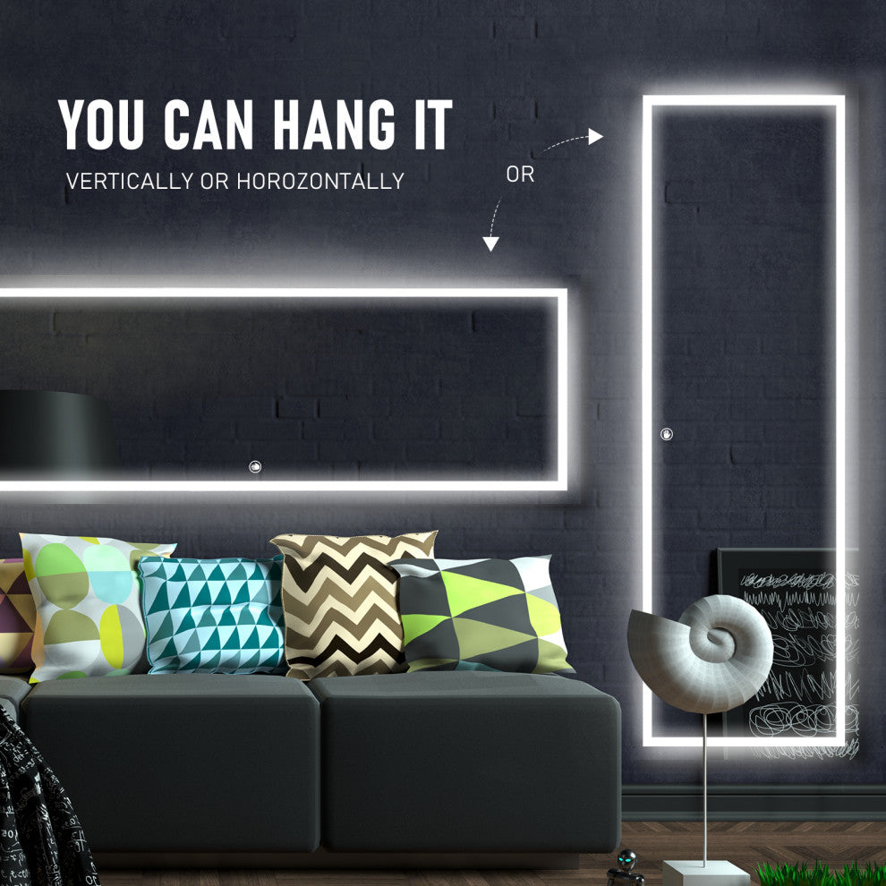 LED Vanity Wall Mounted Fitting Mirror, Vertical/Horizontal, 65x22", Inner Light, Induction