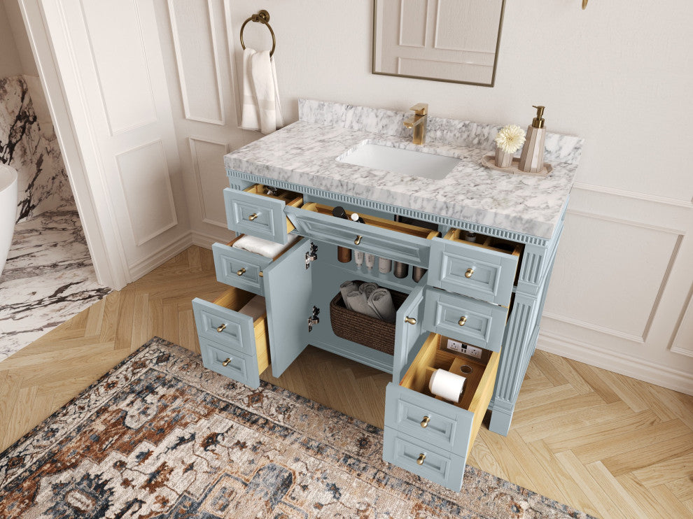 Paris 48" Single Sink Bathroom Vanity, Blue Heather 2" White Quartz