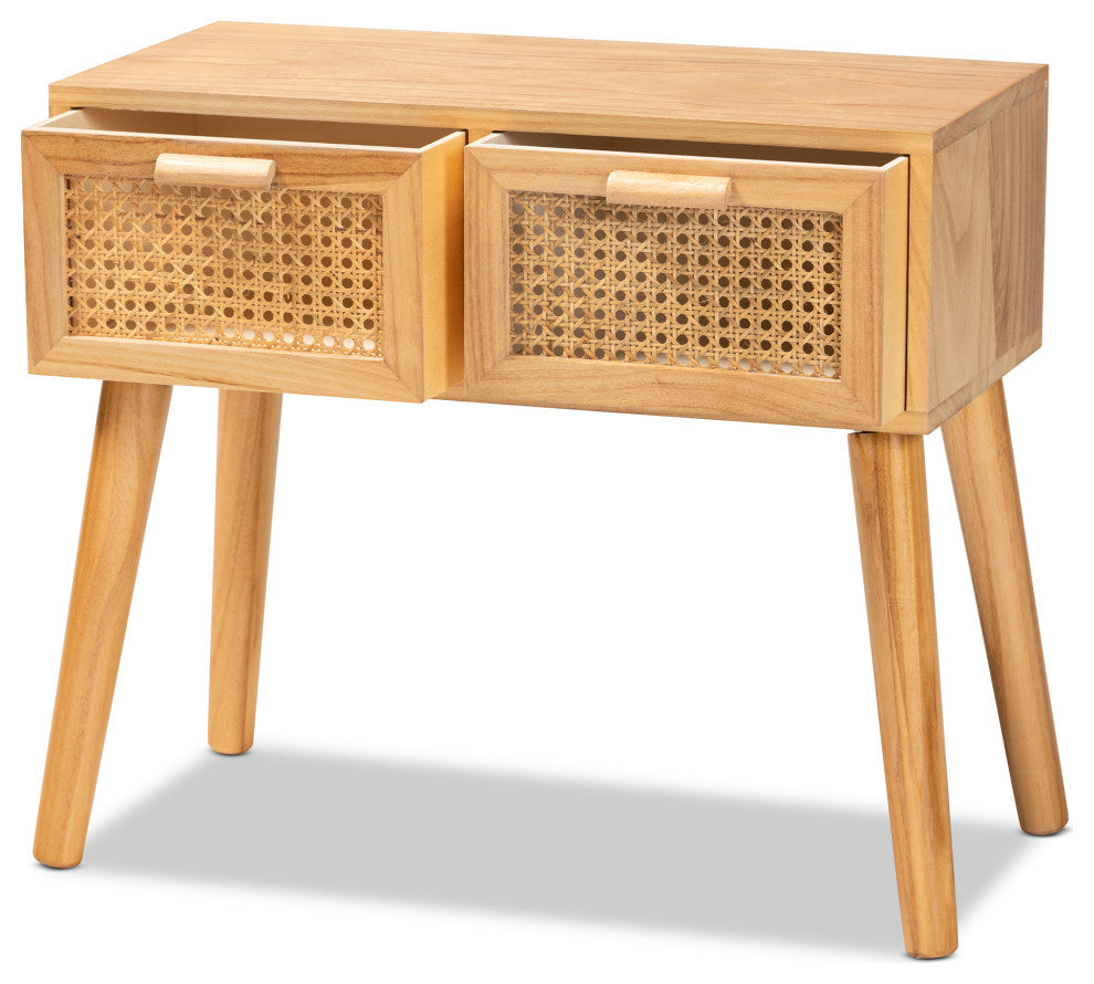 Saffi Mid-Century Oak Brown Wood 2-Drawer Console Table With Rattan