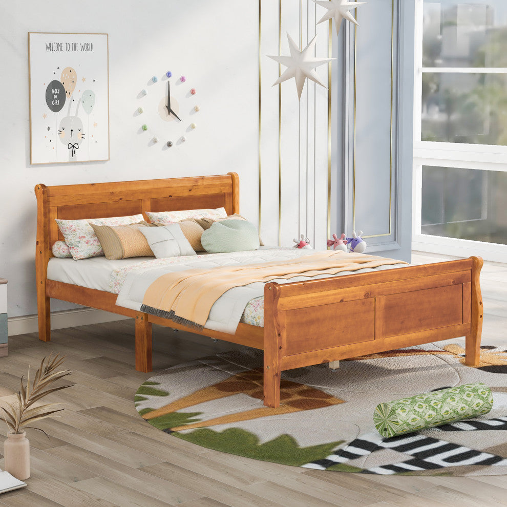 Gewnee Full Size Wood Platform Bed with Headboard in Oak