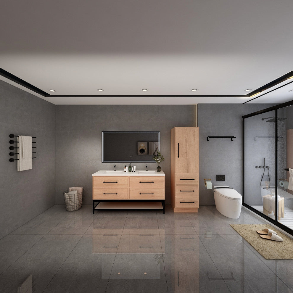 Victoria 60'' Double Sink Solid Wood Open Shelf Bath Vanity, Red Oak