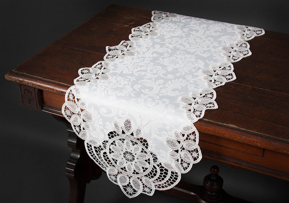 Antebella Lace Embroidered Cutwork Table Runner, White, 15"x108"
