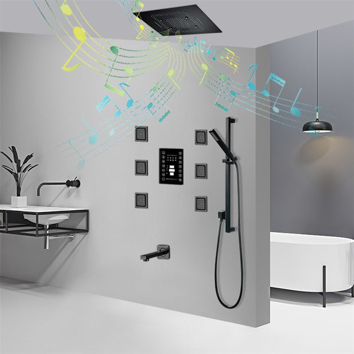 LED 23*31" Remote Controlled Matte Black Musical Shower System, 6 Body Jets