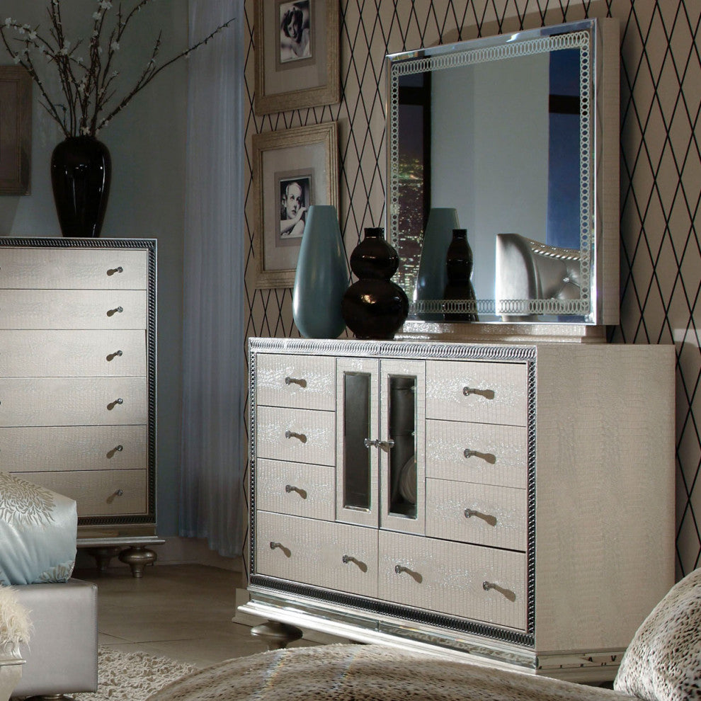 Hollywood Swank Upholstered Dresser with Mirror, Crystal Croc