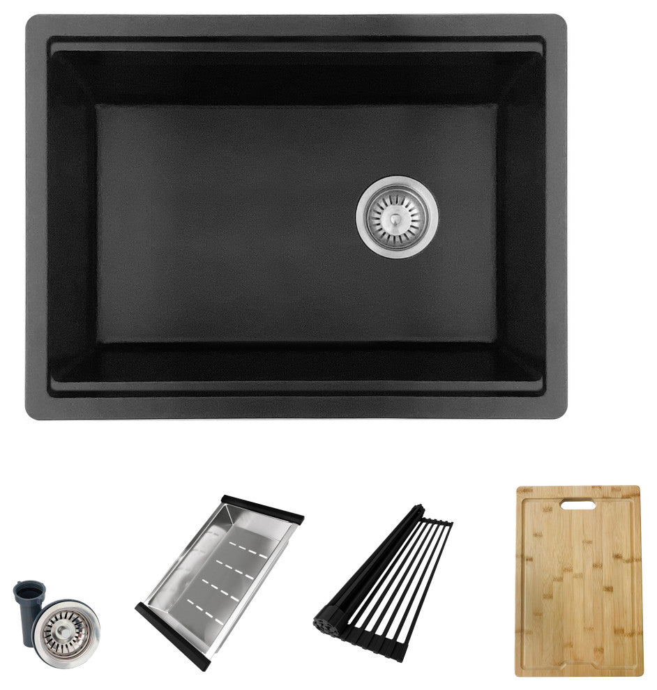 Stylish 28" Dual Mount Single Bowl Black Granite Kitchen Sink