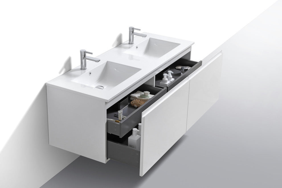 Balli 60'' Double Sink Wall Mount Modern Bathroom Vanity, High Gloss White