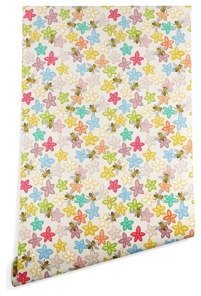 Deny Designs Sharon Turner Indian Summer Flowers Bees Wallpaper, Multi, 2'x10'
