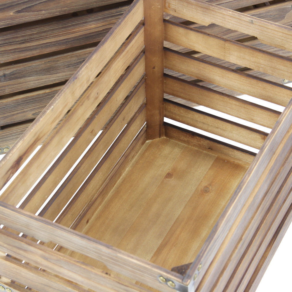 2-Piece Rectangular Wood Slat Storage Bench With Metal Accent and Lid