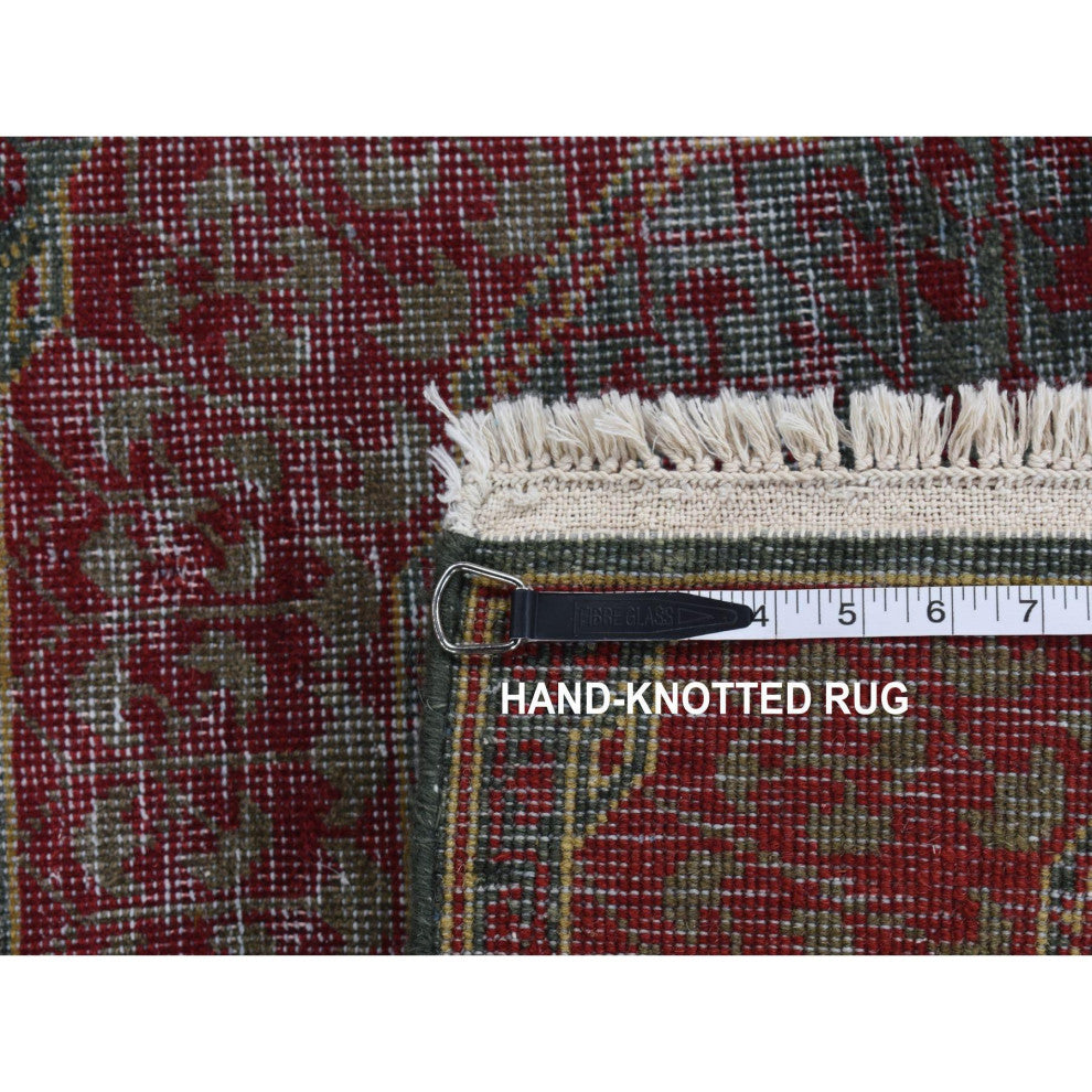 Green, Vintage Look Mamluk, Worn Wool Hand Knotted Runner Rug, 2'6"x9'10"