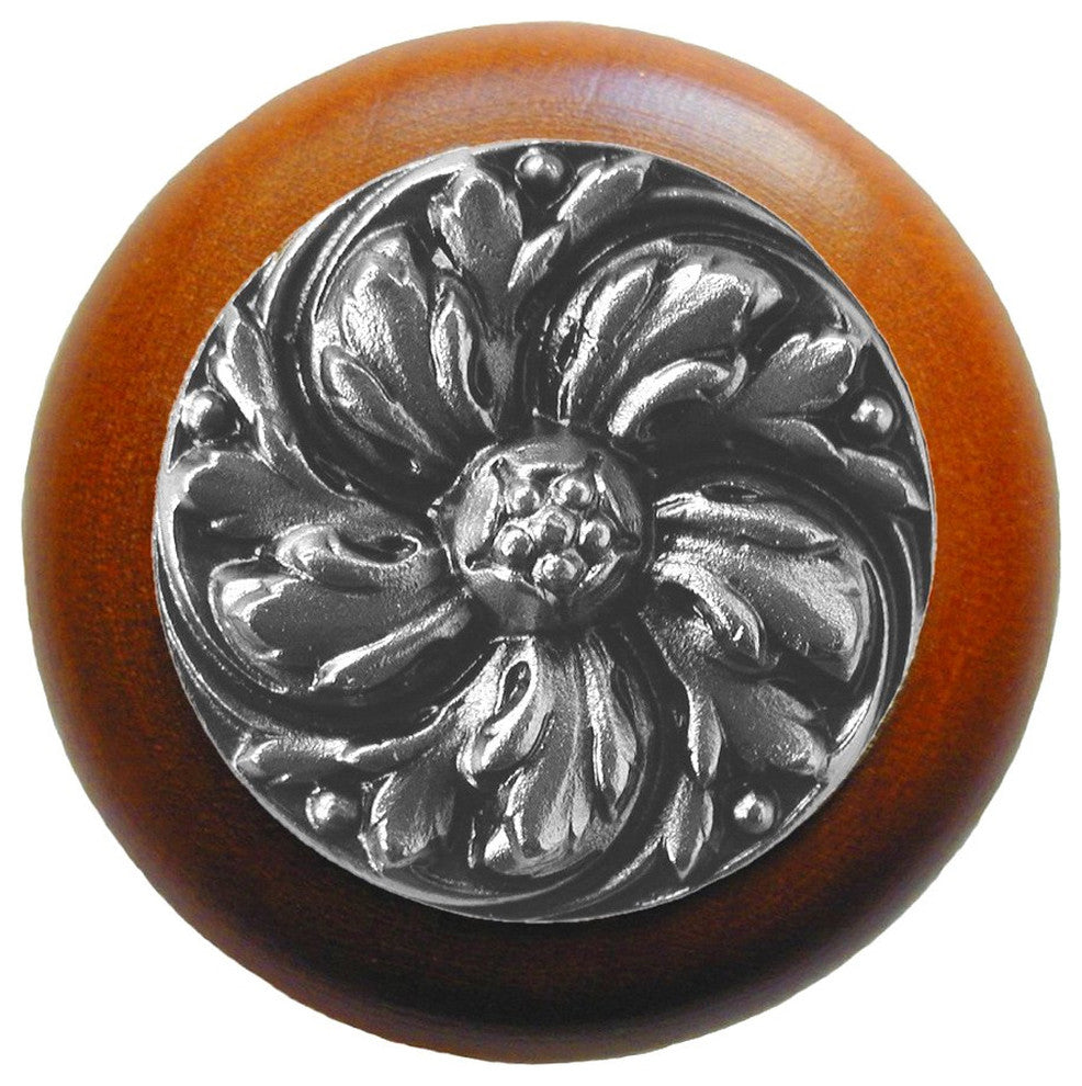 Chrysanthemum Wood Knob, Antique Brass, Cherry Wood Finish, Satin Nickel
